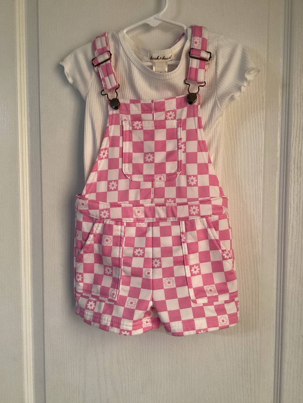 Derek Heart Pink Checkered Floral Short Overalls with Adjustable Straps